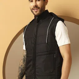 Metronaut Mock Collar Sleeveless Faux Leather Trim Padded Jacket image 3