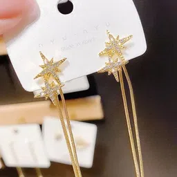 PolluxCraft Korean Gold-Plated Artificial Stones Studded Floral Tasselled Drop Earrings image 5