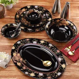 ceradeco 33 Pcs Printed Black Opalware Glossy Printed Dinner Set image 1