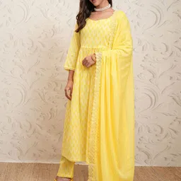 Vishudh Women Ethnic Motifs Printed Regular Pure Cotton Kurta with Trousers & With Dupatta image 4