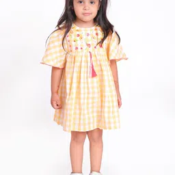Miyo Girls Cotton Yellow Checked Fit & Flare Midi Dress-picture-49