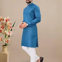 shreeram Men Blue Straight Cotton Kurtas image 3