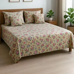 DREAM LIVING Pack of 5 Yellow & Red Floral 144 TC Queen Bedsheet with 2 Pillow Covers-image-4
