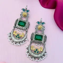 Sangria German Silver-Plated Stones Studded & Beaded Drop Earrings-picture-14