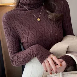 Outzidr Women Textured Turtle Neck Full Sleeves Sweater-image-5