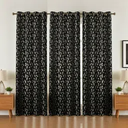 GEET CREATIONS Black & Gold-Toned Set of 3 Floral Room Darkening Door Curtain-picture-37