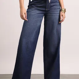 Urbano Fashion Women Dark Blue High Rise Loose Baggy Fit Washed Jeans-image-34