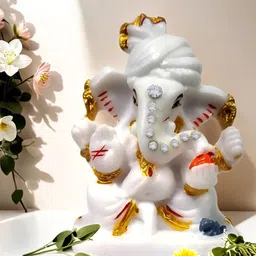 Adhvik Marble Pagadi Ganesha with Mushak Home Decorative Showpiece image 3