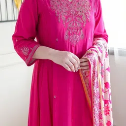 KALINI Women Floral Embroidered Regular Thread Work Kurta with Trousers & With Dupatta image 5