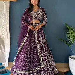 MISS CLOTHING Floral Embroidered Sequinned Unstitched Lehenga & Blouse With Dupatta-picture-16