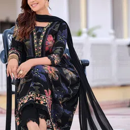 KALINI Women Floral Embroidered Empire Thread Work Kurta with Trousers & With Dupatta image 3