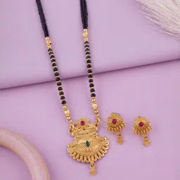Bhanu diam Set of 2 Gold-Plated Artificial Beads Mangalsutra with Earrings image 2