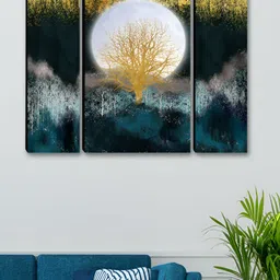 Myntra Elegant Homes Blue & White 3 Pieces Tree & Moon Wall Art image 3