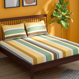 Portico Mustard & Beige 152 TC King Bedsheet with 2 Pillow Covers-picture-0