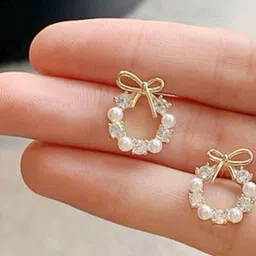 PolluxCraft Gold Plated Stones Studded And Pearls Beaded Korean Circular Shaped Studs image 5