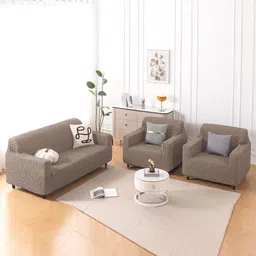 HOKIPO Aria Nova Brown 3 Pieces Self Design 5 Seater Sofa Cover With Arms-picture-19