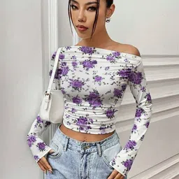 SZN Women Floral Print Off-Shoulder Net Crop Top-picture-35