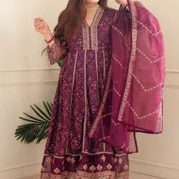 KALINI Ethnic Motifs Printed Panelled V-Neck Anarkali Kurta With Trousers & Dupatta image 5