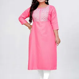 KURTI ZONE Women Pink Cotton Mirror Work Embellished Straight Kurta-picture-19
