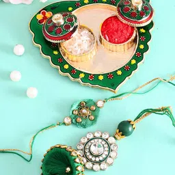 Aapno Rajasthan 2-Pcs Rakhis Auspicious Paan shape Thali with Roli Chawal & Greeting Card-picture-37