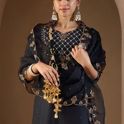 Indo Era Women Ethnic Motifs Embroidered Regular Thread Work Liva Kurta with Trousers & With Dupatta image 4