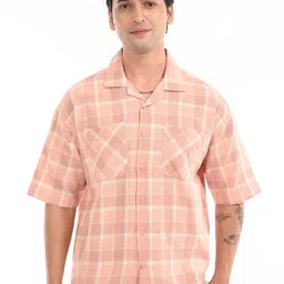 Estilocus Men Standard Oversized Fit Checked Cuban Collar Cotton Casual Shirt-image-66