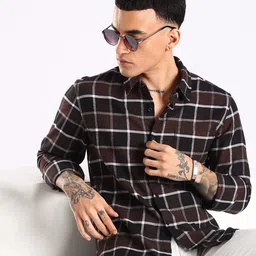 HERE&NOW Men Slim Fit Windowpane Checked Button-Down Collar Cotton Casual Shirt image 5