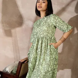 ANJIR Women Round Neck Botanical Printed Fit and Flare Dress image 2