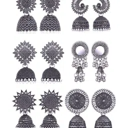 Sangria Set Of 6 Silver Plated Oxidised Dome Shaped Jhumkas-image-94