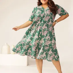 Janasya Plus Size Floral Printed Pure Cotton Tiered Ethnic Dress-picture-20
