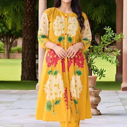 Moda Rapido Floral Printed Pleated Mandarin Collar Straight Kurta With Trousers image 5