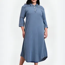 Sztori Abaya Women Big Size Shirt Collar Denim Cotton Shirt Dress-image-5