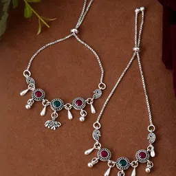 Jewels Nest Set Of 2 Stainless Steel Silver-Plated Stones Studded & Beaded Anklets-image-73
