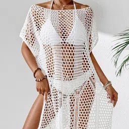 JC Mode White Self Design Round Neck Swimwear Cover Up Top-picture-39