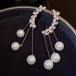 Krelin Korean Gold-Plated Stones Studded & Pearls Beaded Contemporary Tasselled Ear Cuff-picture-5