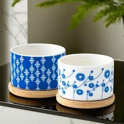 Ekhasa White & Blue 2 Pieces Printed Ceramic Planters With Saucer-image-61