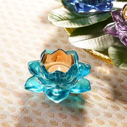 Pure Home and Living Blue & Green 2 Pieces Lotus Shaped Glass Tealight Candle Holders-picture-35