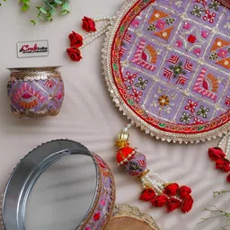 eCraftIndia Red & Purple 3 Pieces Stainless Steel Karwa Chauth Thali Set-picture-39