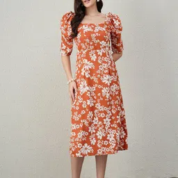 Kibo Floral Print Puff Sleeve Crepe A-Line Midi Dress-picture-36