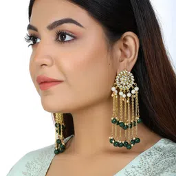 Sangria Gold-Plated Kundan Studded & Beaded Tasselled Floral Drop Earrings image 4