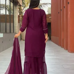 BINDUDI Floral Embroidered Round Neck Thread Work Kurta With Sharara & Dupatta image 3