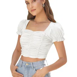 Fashion2wear Puff Sleeve Smocked Crepe Crop Top-picture-12