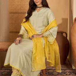 Sangria Thread Work V-Neck Kurta With Trousers & Dupatta image 3