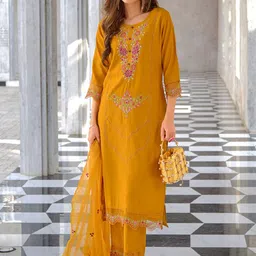 VredeVogel Floral Embroidered Beads & Stones Straight Kurta with Trouser & Dupatta-image-44