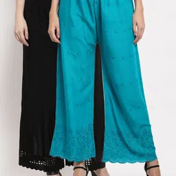 Miaz Lifestyle Women Blue & Black Schiffli Embroidery Flared Knitted Palazzos Pack Of 2-image-78