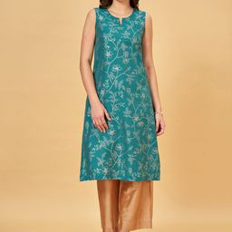 RANGMANCH BY PANTALOONS Ethnic Motifs Woven Design Straight Round Neck A-Line Kurta-picture-23