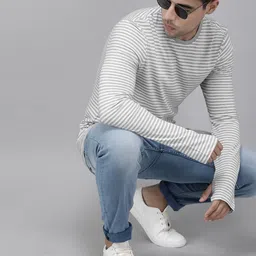 Roadster Men White  Grey Striped Round Neck Pure Cotton T-shirt-picture-50