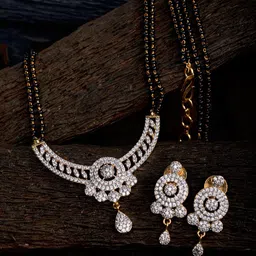 Saraf RS Jewellery Gold-Plated Black Beaded & White AD Stone-Studded Mangalsutra With Earrings-picture-20