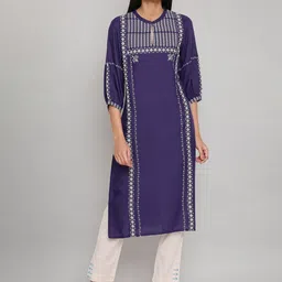 W Women Blue Geometric Keyhole Neck Thread Work Kurta-picture-29