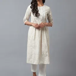 W Women White Ethnic Motifs Printed Thread Work Kurta-image-43